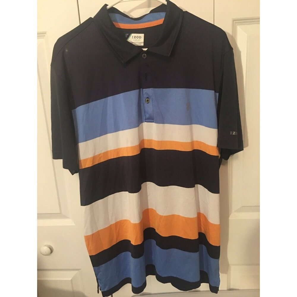 Izod Golf Short Sleeve Polo Golf Shirt - Sz XL‎ Blue/White/Orange Stripes